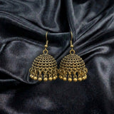 Antique Gold Filigree Jhumka Earrings with Delicate Bead Clusters